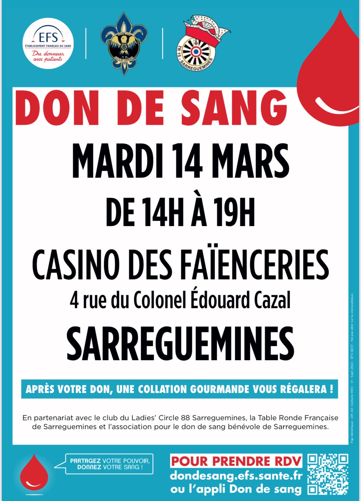 Don du sang le 14 mars au Casino des Faïenceries
