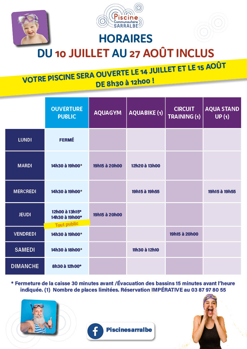 Horaires d’ouverture de la piscine de Sarralbe du 10 juillet au 27 août inclus