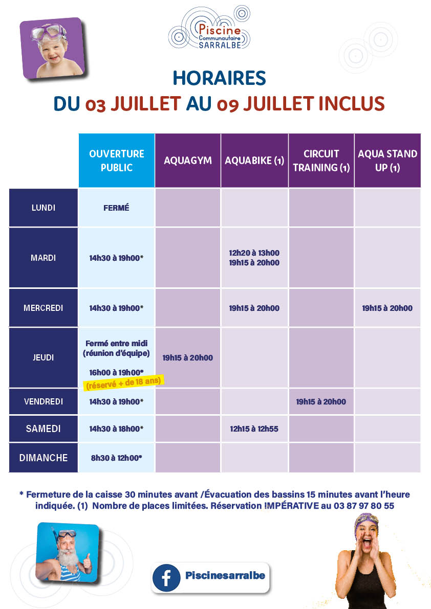 Horaires d’ouverture de la piscine de Sarralbe du 03 au 09 juillet inclus