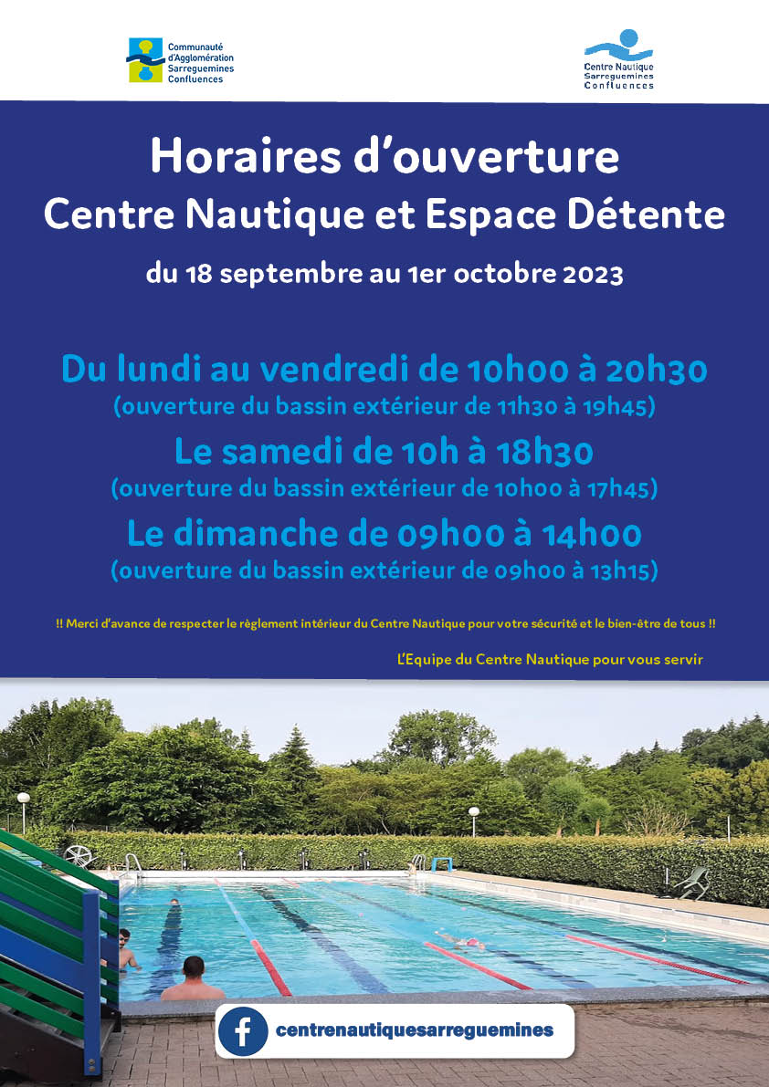 HORAIRES D’OUVERTURE DU CENTRE NAUTIQUE ET DE L’ESPACE DÉTENTE