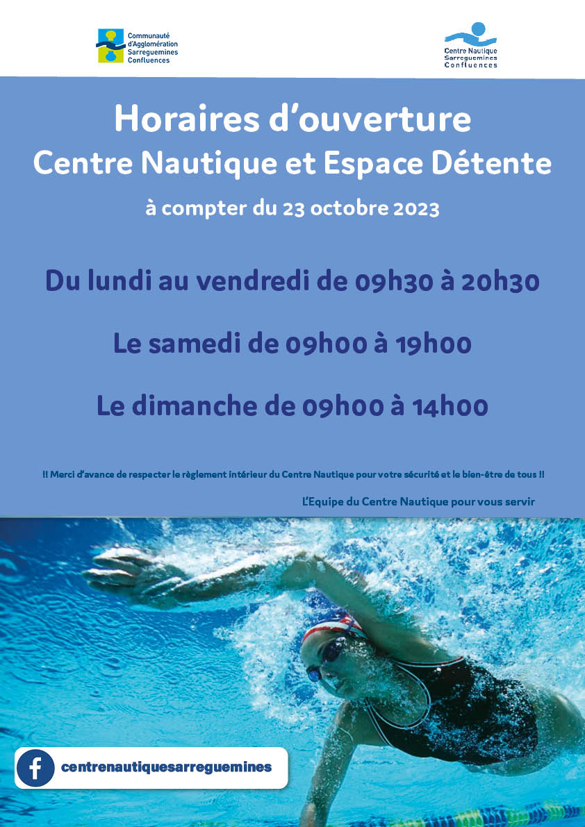 Horaires d’ouverture du Centre Nautique à partir du 23 octobre
