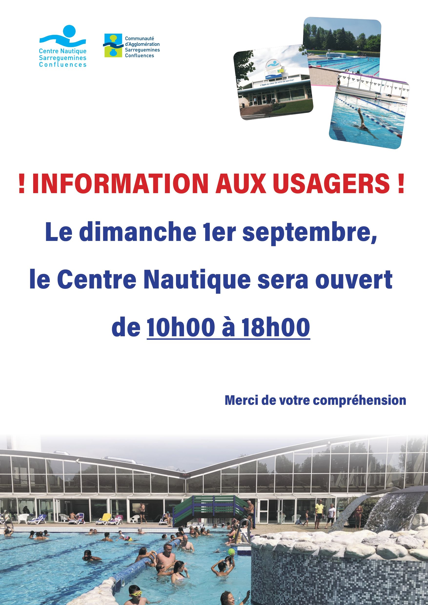 HORAIRES D’OUVERTURE DU CENTRE NAUTIQUE LE DIMANCHE 1er SEPTEMBRE
