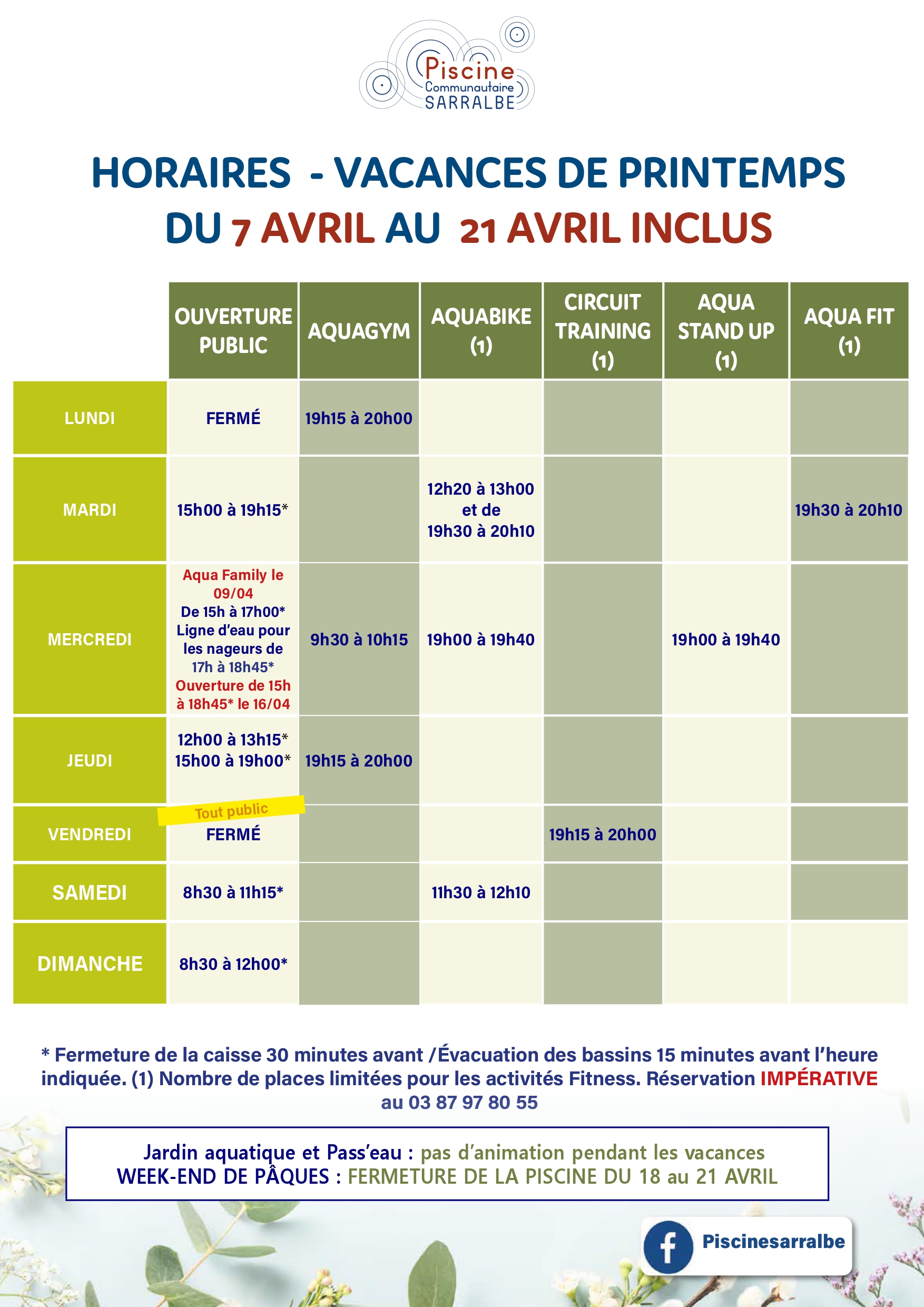 HORAIRES D’OUVERTURE DE LA PISCINE DE SARRALBE AUX VACANCES DE PRINTEMPS