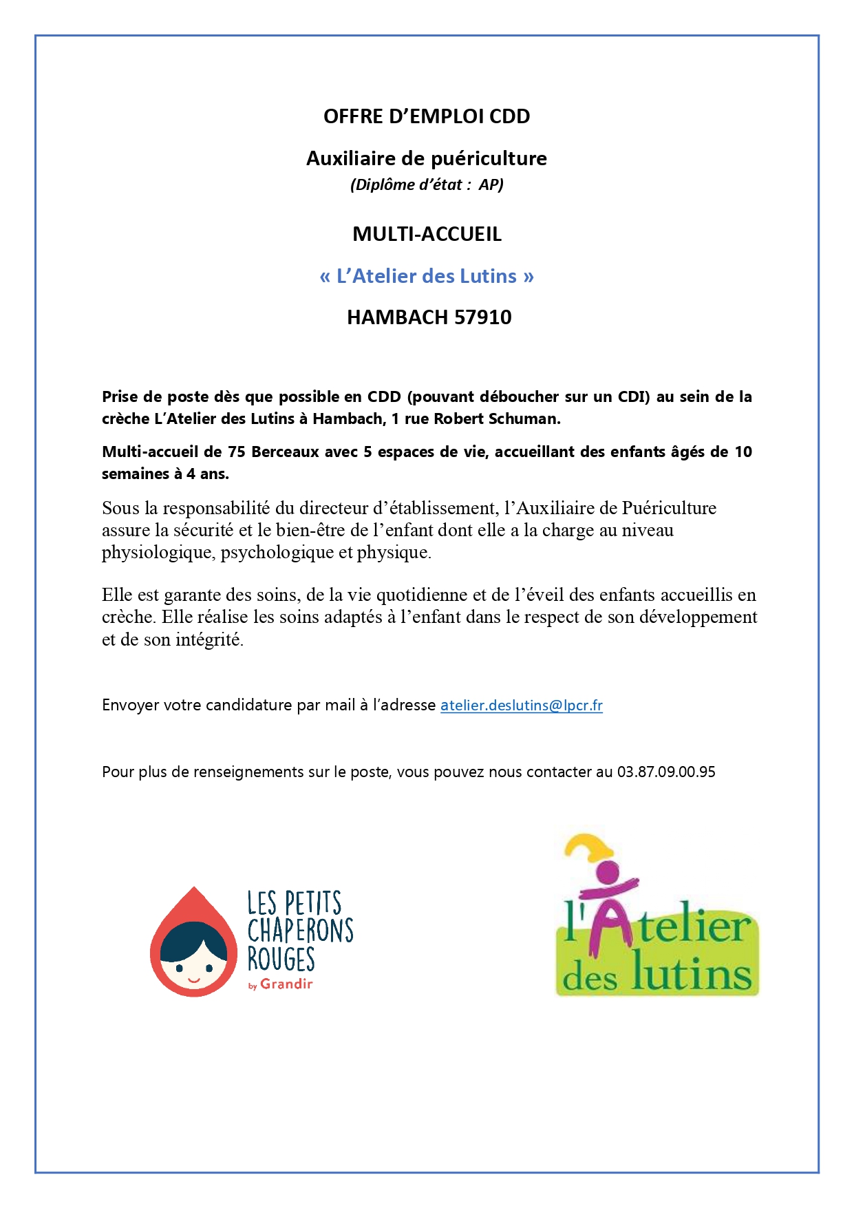 OFFRE D’EMPLOI – MULTI ACCUEIL « L’ATELIER DES LUTINS »