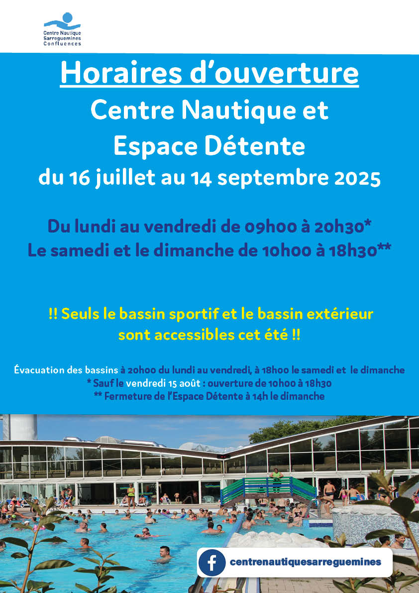HORAIRES D’OUVERTURE DU CENTRE NAUTIQUE DU 16 JUILLET AU 14 SEPTEMBRE