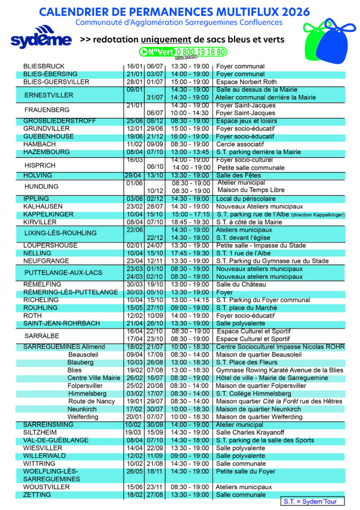 Calendrier redotation sacs multiflux 2026