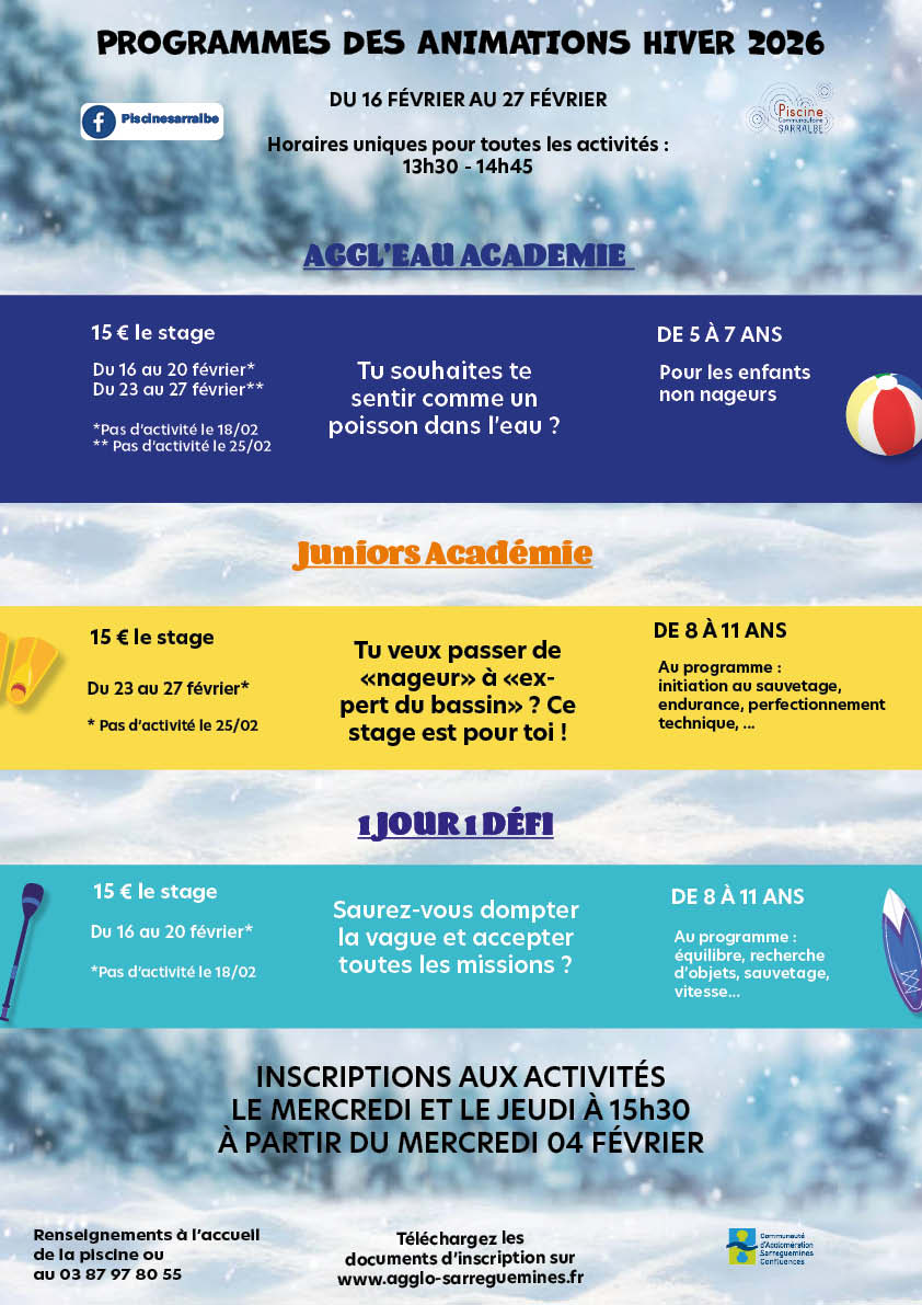 ANIMATIONS A LA PISCINE DE SARRALBE DU 16 AU 27 FÉVRIER
