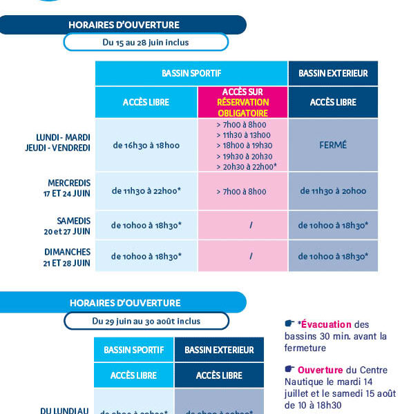HORAIRES D&rsquo;OUVERTURE : BASSIN EXTERIEUR ET BASSIN SPORTIF