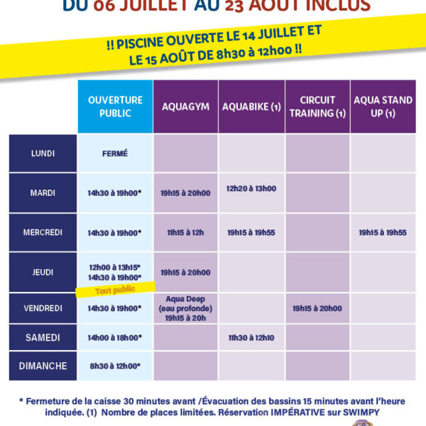 HORAIRES D&rsquo;ÉTÉ DU CENTRE NAUTIQUE ET DE LA PISCINE DE SARRALBE