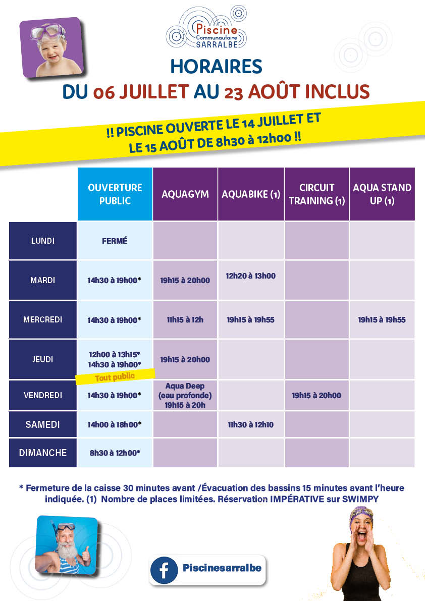 HORAIRES D&rsquo;ÉTÉ DU CENTRE NAUTIQUE ET DE LA PISCINE DE SARRALBE