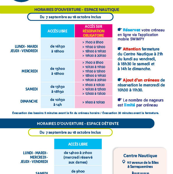 HORAIRES D&rsquo;OUVERTURE DU CENTRE NAUTIQUE ET DE LA PISCINE DE SARRALBE