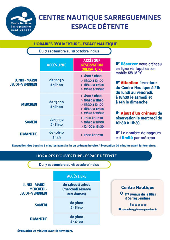 HORAIRES D&rsquo;OUVERTURE DU CENTRE NAUTIQUE ET DE LA PISCINE DE SARRALBE