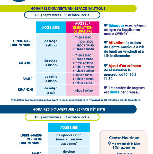 HORAIRES D&rsquo;OUVERTURE DU CENTRE NAUTIQUE