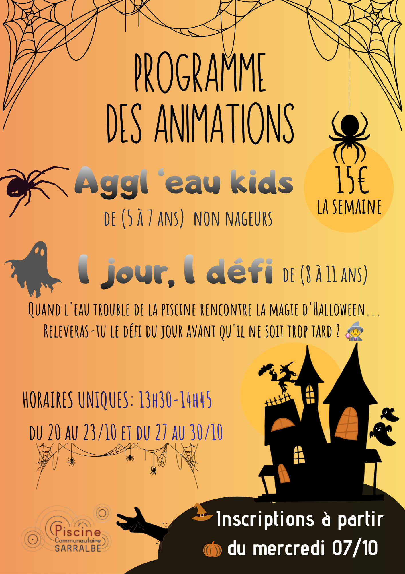 PROGRAMME DES ANIMATIONS A LA PISCINE DE SARRALBE DU 20 OCTOBRE AU 30 OCTOBRE